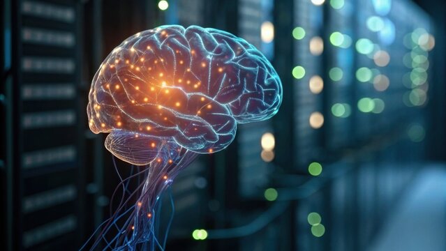 A digital representation of a brain with glowing neural connections, set against a backdrop of server equipment, symbolizing artificial intelligence and technology.