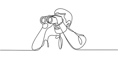 a person using binoculars, symbolizing searching, exploration, observation, and focus in a simple graphic style.