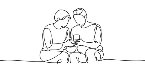 two individuals sitting together and looking at a smartphone, symbolizing connection, communication, and modern technology.