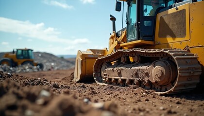 Yellow bulldozer operates on dirt ground at landfill site. Worker drives heavy machine near waste piles under blue sky. Earth moving equipment works on terrain.