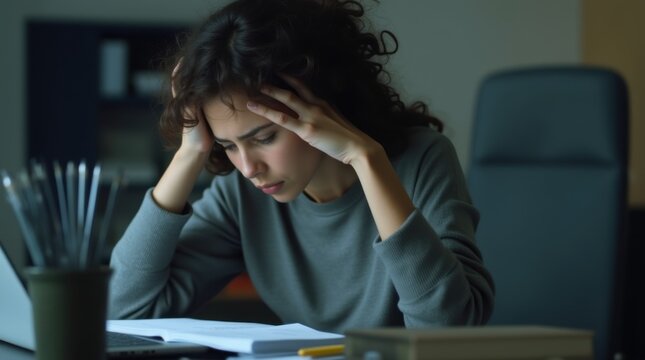 Exhausted Woman Rubbing Eyes, Suffering from Eye Strain, Fatigue, or Dry Eyes While Working Late 
