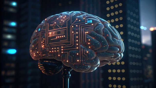 A futuristic brain design integrated with circuitry, illuminated against a cityscape backdrop, symbolizing the fusion of technology and human intellect.