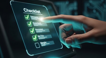 Person approving a digital checklist on a futuristic interface