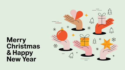 Diverse Hands Holding Christmas Gifts and Ornaments Modern Vector