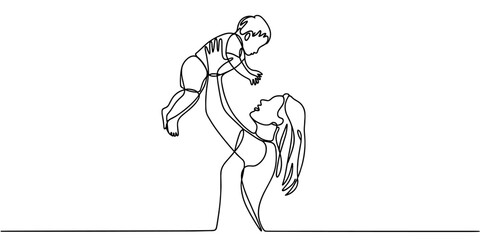 a mother raising her child in the air, expressing love, joy, bonding, and warm family connection.