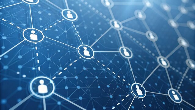 A digital network representation with interconnected nodes symbolizing social connections and data flow.