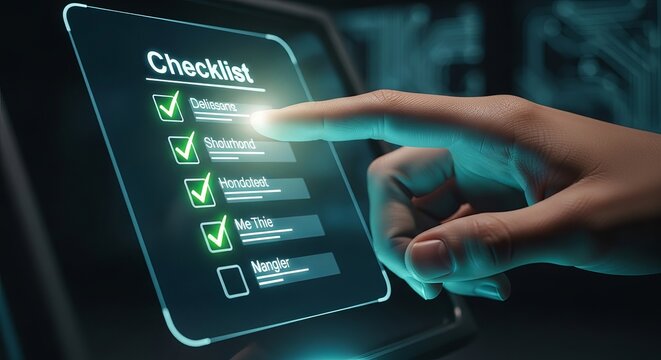 Person approving a digital checklist on a futuristic interface