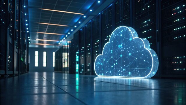 A digital cloud icon glowing in a server room filled with network servers, symbolizing cloud computing and data storage technology.