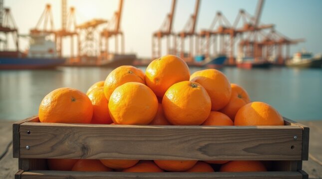 Fresh oranges in wooden crate on dock with industrial port cranes in background, morning sunlight, vibrant and natural atmosphere
- Powered by Adobe