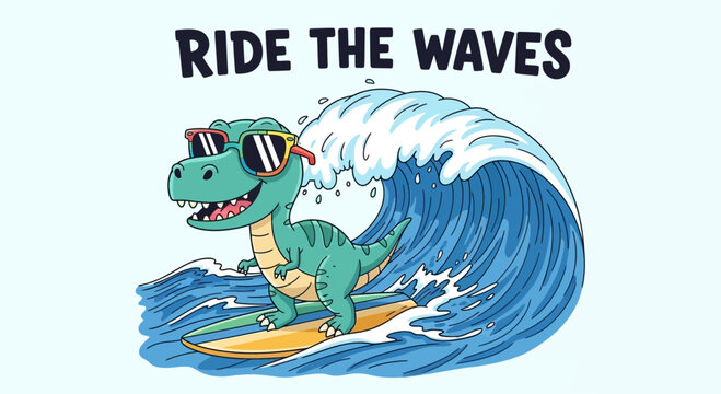 Cartoon Tyrannosaurus Rex surfing a wave: 'Ride the Waves' summer adventure