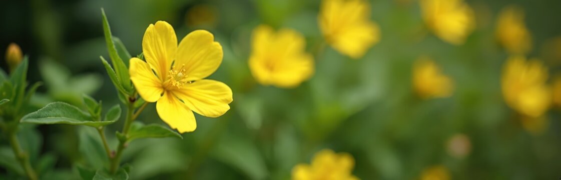 Yellow evening primrose flower bush blooms in green garden. Delicate petals unfurl on summer day. Wild plant grows naturally on soft focus blurred background.