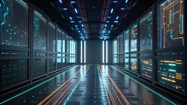 A futuristic data center corridor with illuminated panels and sleek design, showcasing advanced technology.