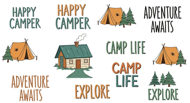 Charming camping themed design featuring tents, cabin, trees and adventure related text