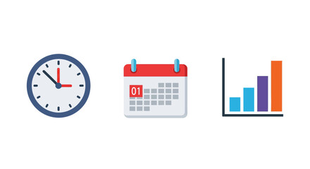 Time management elements: clock, calendar, and bar chart icons for efficient planning