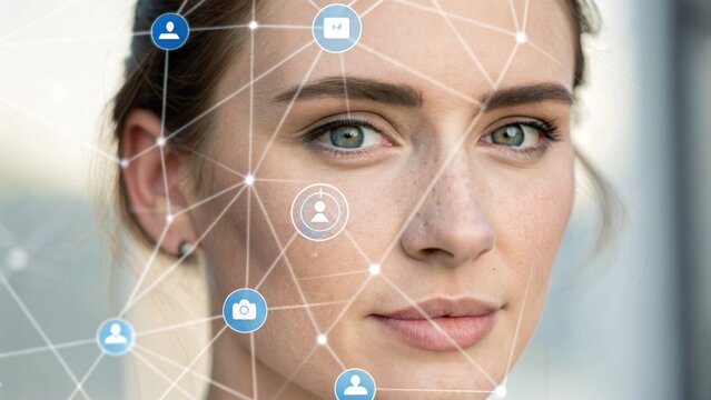 A close-up of a woman's face, showcasing her striking eyes surrounded by digital icons representing social networks and connectivity.