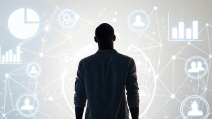 A silhouette of a person stands before a digital interface displaying graphs, charts, and icons, symbolizing data analysis and technology.