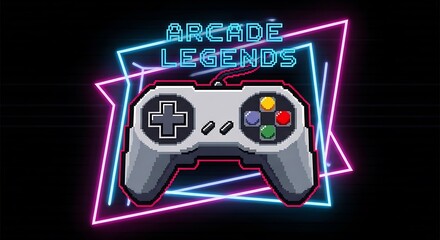 Pixelated game controller with arcade legends text and neon geometric shapes on black background