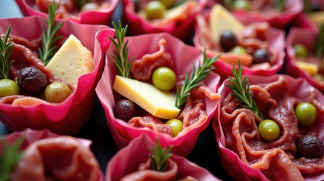 Gourmet charcuterie cones filled with assorted cheeses, olives, cured meats and rosemary sprigs, wrapped in elegant red paper, served at a holiday market.