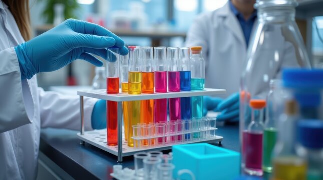Hand holding rack of test tubes with colorful solutions face not in frame organized samples laboratory processing chemistry experiments multiple colors visible lab