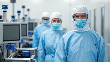 Medical professionals in protective gear stand in a sterile environment, emphasizing safety and hygiene in a clinical setting.