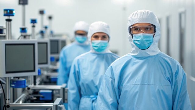 Medical professionals in protective gear stand in a sterile environment, emphasizing safety and hygiene in a clinical setting.