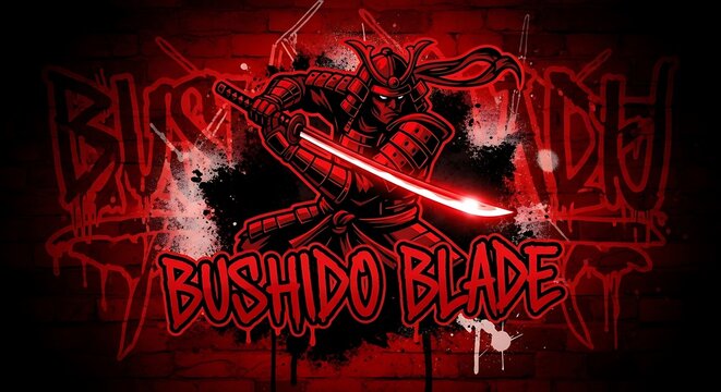Illustration of a samurai warrior with a glowing sword and bushido blade text in red