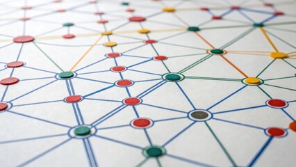 A colorful geometric pattern featuring interconnected nodes and lines, creating an abstract network design on a white background.