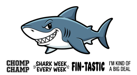 Humorous cartoon shark illustration with playful typography conveying fun and excitement