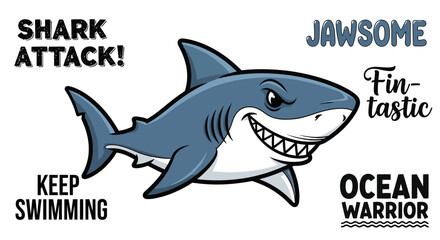 Cartoon illustration featuring a menacing shark with funny lettering elements