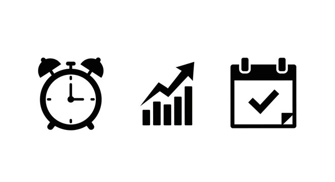 Time management symbols: alarm clock, growth chart, and calendar icon set