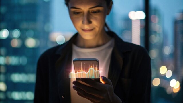 A woman examines data visualizations on her smartphone, with city lights in the background, highlighting a blend of technology and modern lifestyle.
