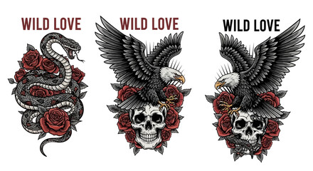 Fototapeta premium Wild Love Tattoo Designs: Snake, Eagles, Skull and Roses for Tattoo Artists
