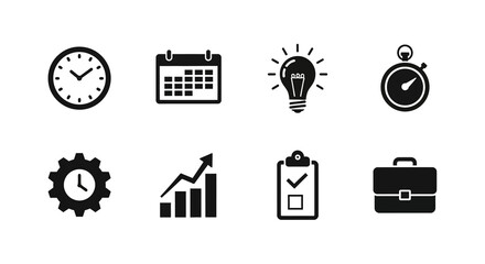 Flat style business icons: clock, calendar, light bulb, stopwatch, gear, graph, checklist, briefcase