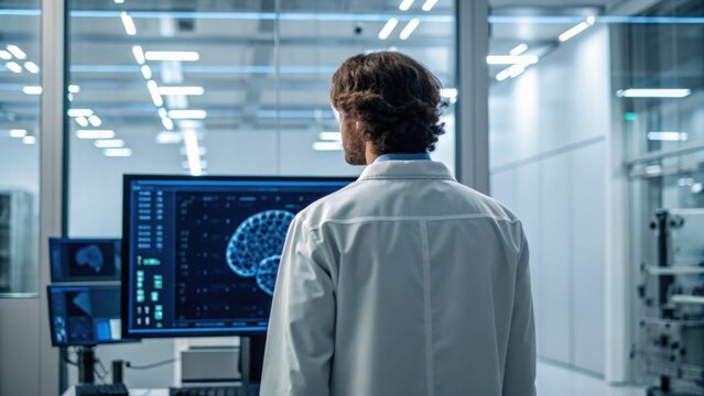 A scientist in a lab coat observes a large screen displaying brain activity, surrounded by modern technology in a high-tech research facility.