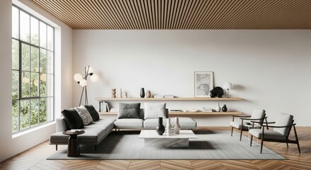 Modern living room design with large windows and cozy seating arrangement