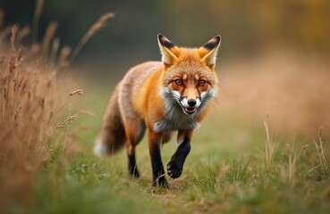 Naklejka premium Red fox runs through dry grass field looking intensely forward. Its bright orange fur contrasts with dark legs and ears. The wild animal pauses, alert in its natural environment.