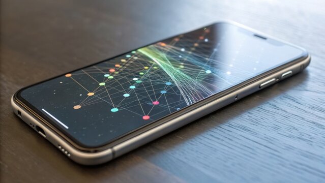 A sleek smartphone with a vibrant, abstract geometric design displayed on its screen rests on a dark wooden surface. - Powered by Adobe