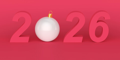 Happy New Year 2026 with shiny white Christmas ornament on red background