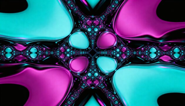 Abstract digital artwork featuring a symmetrical, colorful, and intricate fractal design with vibrant hues.