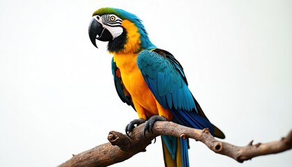 Fototapeta premium Colorful blue, yellow macaw parrot perched on branch. Vibrant tropical bird with bright feathers, strong beak. Isolated on white background. Exotic wildlife illustration. Brazilian fauna species.