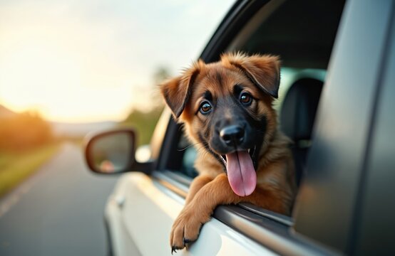 Cute German Shepherd puppy rides car window, tongue out enjoying sunny day road trip. Happy young dog passenger explores world outside, feels wind, has fun traveling.