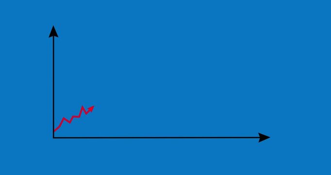 Chart arrow irregular still goes up and down red on blue screen. Graph rising fast. Business cartoon animation. Economy metaphor.