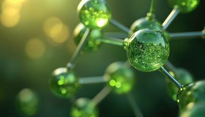 Close up shot of green molecule structure on blur background. Green atom model concept for science, research, lab and modern tech innovations. Organic abstract art, energy pattern with bokeh.
