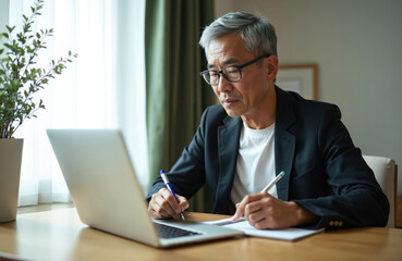 Mature asian man works on laptop computer writing notes. He is sitting at desk in his home office with plant. Focused senior businessman takes online class or meeting.
