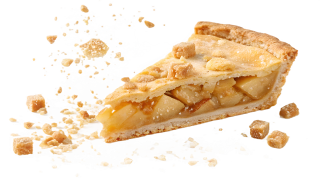 Apple Pie Slice with Floating Crumbs – PNG Transparent Background