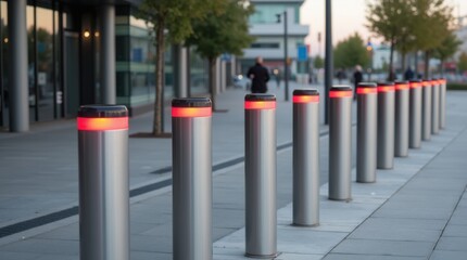 Parking bollards with red light on walkway. Bollards restrict vehicles access to area. Security metal columns on pedestrian zone near building ensure safety in urban space.