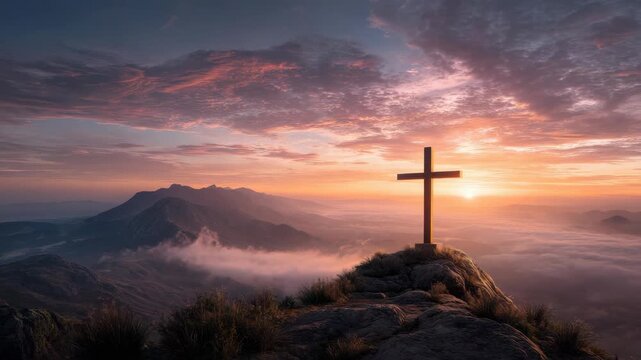 Dramatic sunset over mountain with cross on rock and vibrant clouds