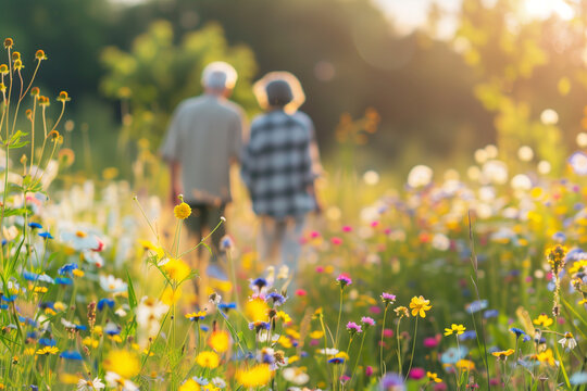 Elderly couple walking hand in hand through vibrant wildflower meadow, surrounded by colorful blossoms and soft sunlight, ideal for lifestyle content, senior living and retirement promotions