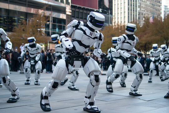 Group of advanced humanoid robots performing synchronized dance routine in urban plaza, showcasing technology, movement, and innovation in a vibrant city environment with spectators watching