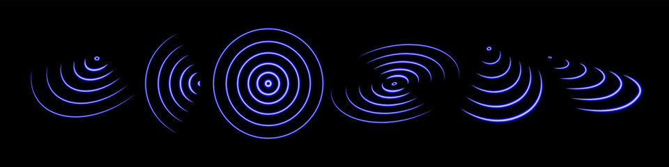 Naklejka premium Neon radar with concentric circles and sound waves. Circular light effect, Wi-Fi range, radio signal, and ripples. Vector background with a glowing location design element.